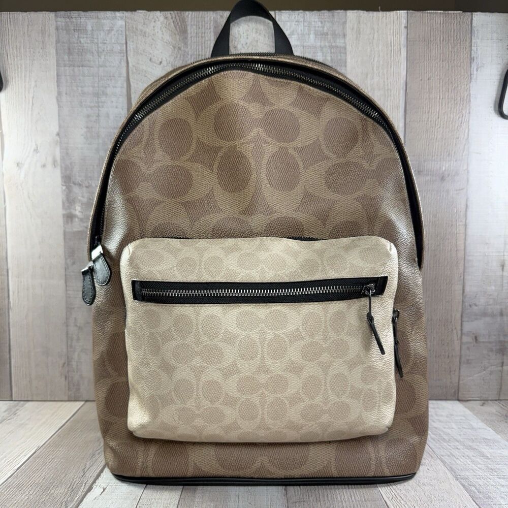 Coach West Backpack In Signature Canvas Men's Calf Leather Sand Tan Beige CAB59